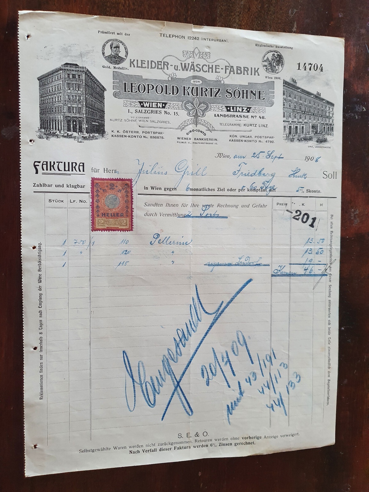 Alte Rehnung 1908 aus Wien Kleider und Wäsche Fabrik Leopold Kurtz Söhne (X6)