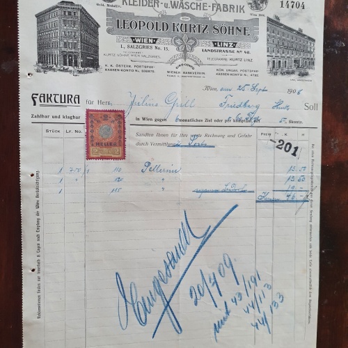 Alte Rehnung 1908 aus Wien Kleider und Wäsche Fabrik Leopold Kurtz Söhne (X6)