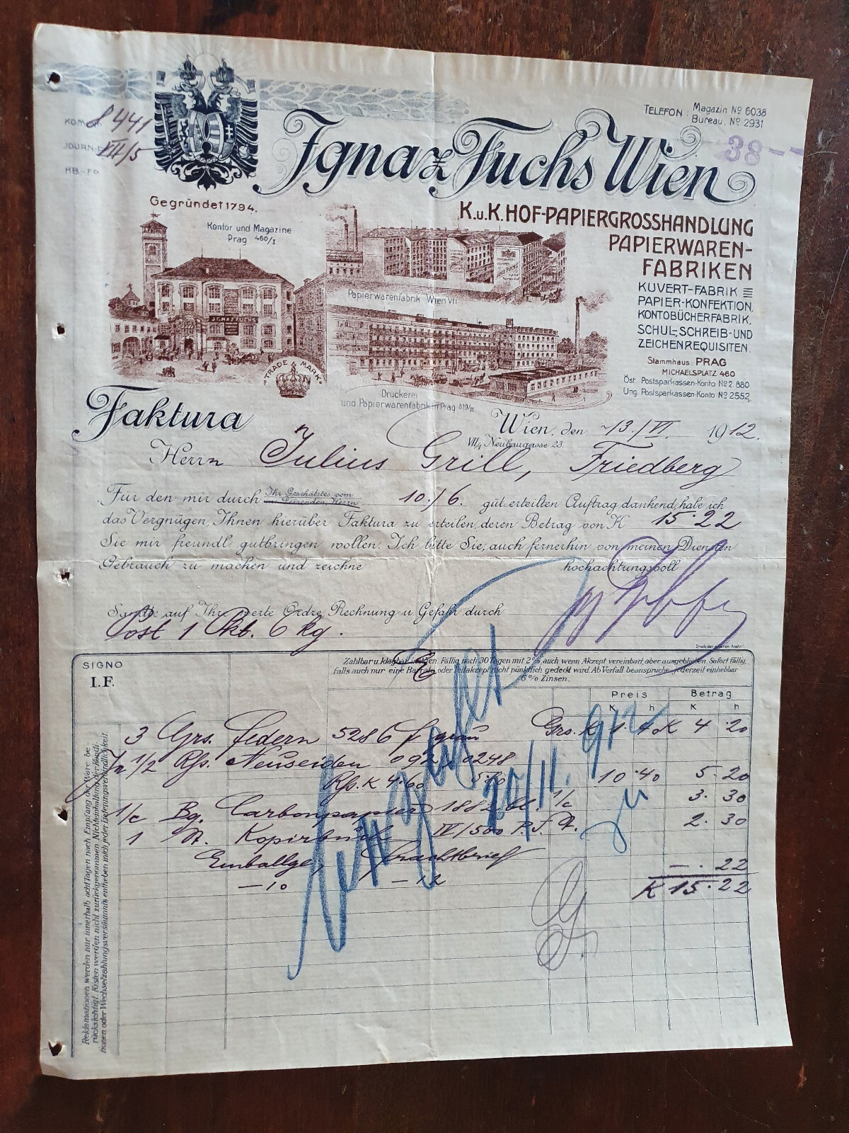 Alte Rehnung 1912 aus Wien Papiergroßhandlung Franz Fuchs (X9)