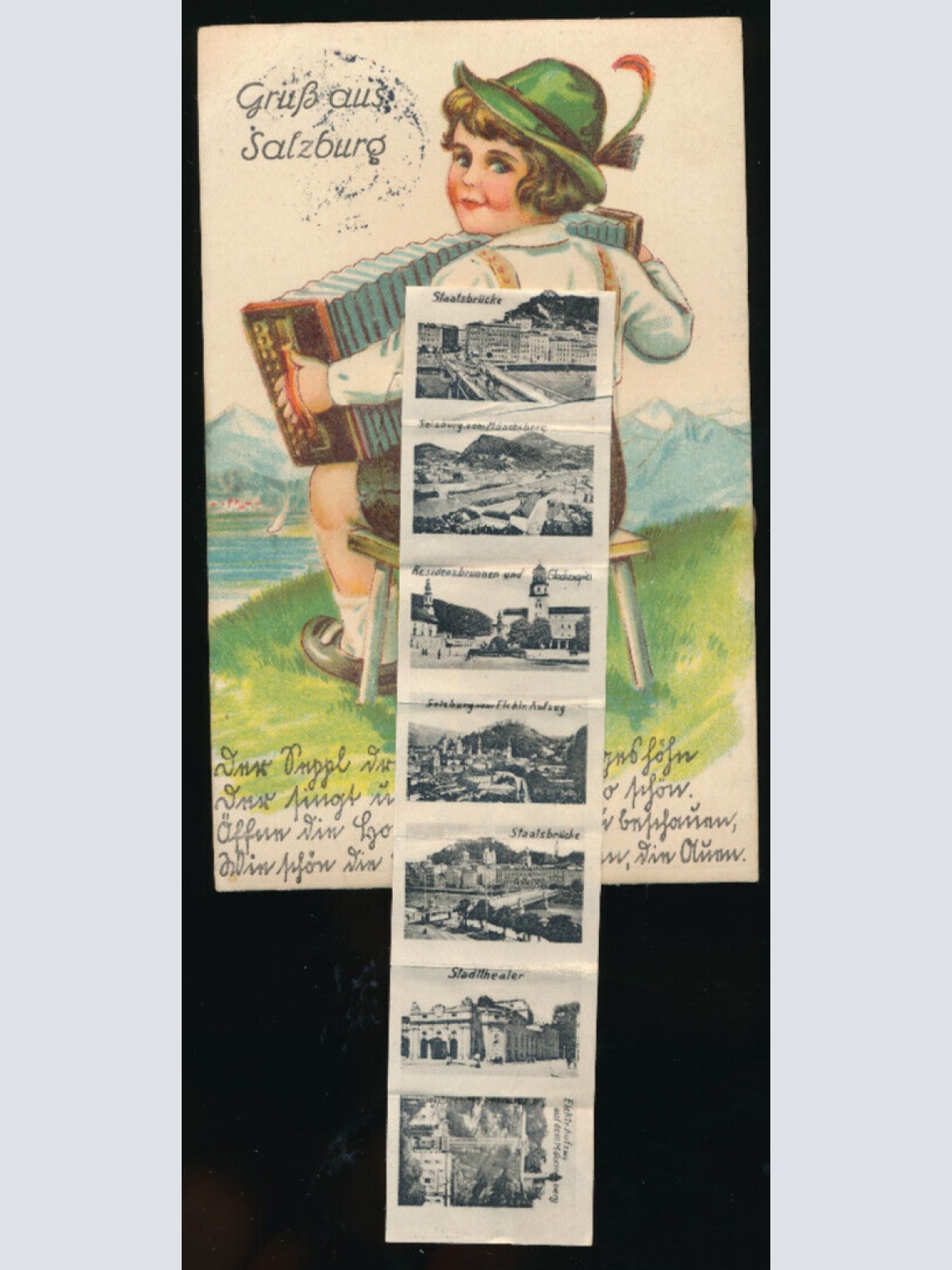 Leporello - Karte gruß aus Salzburg Mädchen mit Zieharmonika (5957)