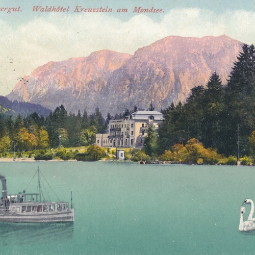 AK aus vom Waldhotel Kreuzstein am Mondsee mit Dampfer Oberösterreich (6710)