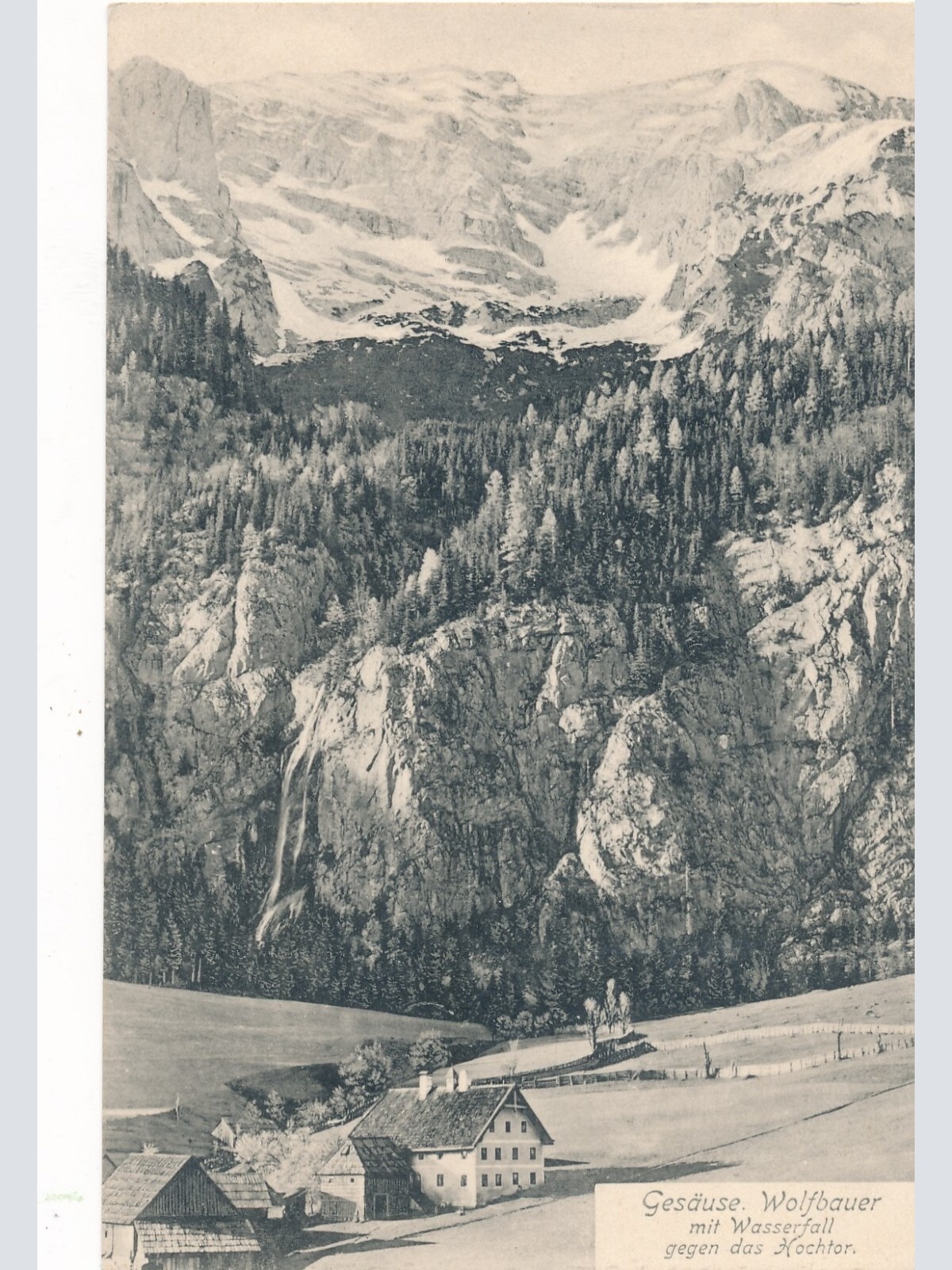 AK vom Gesäuse. Wolfbauer mit Wasserfall Steiermark (8014)
