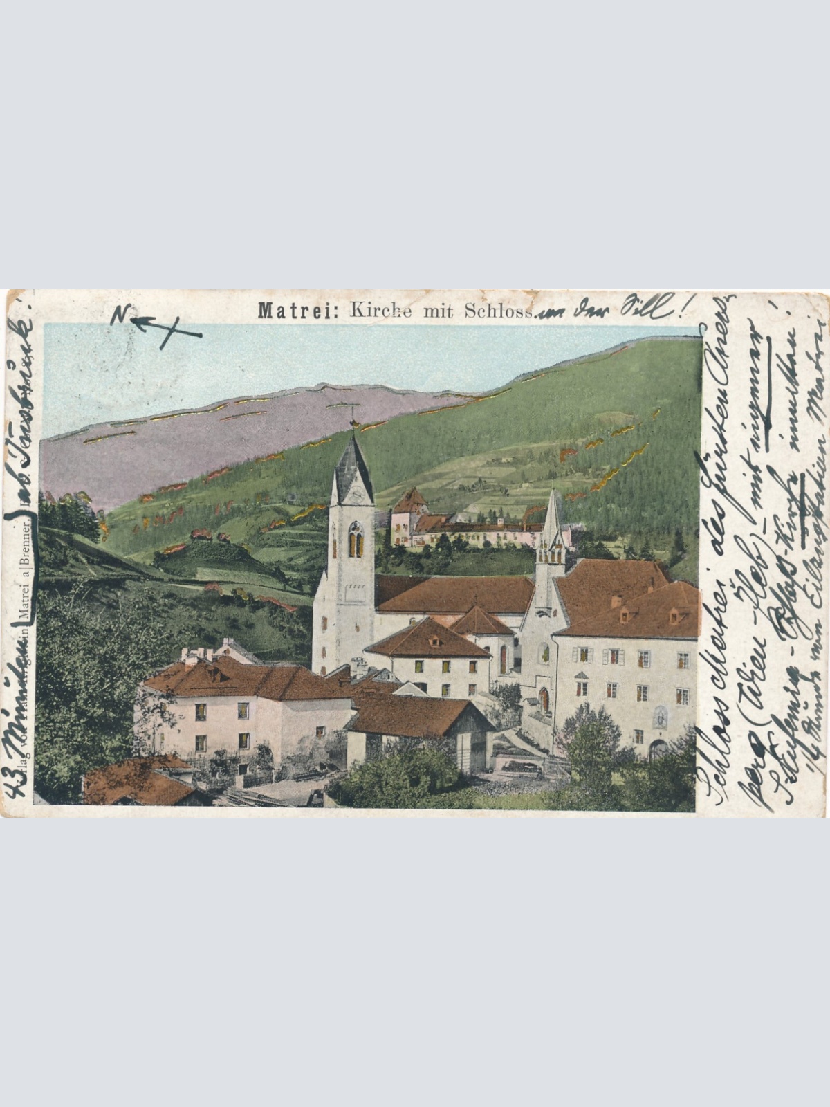 AK aus Matrei am Brenner Kirche mit Schloss Tirol (6542)