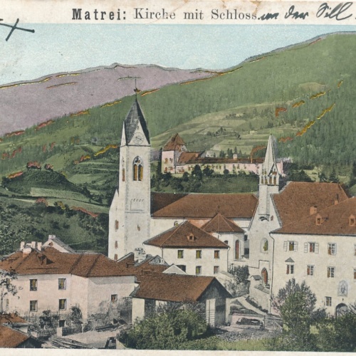 AK aus Matrei am Brenner Kirche mit Schloss Tirol (6542)