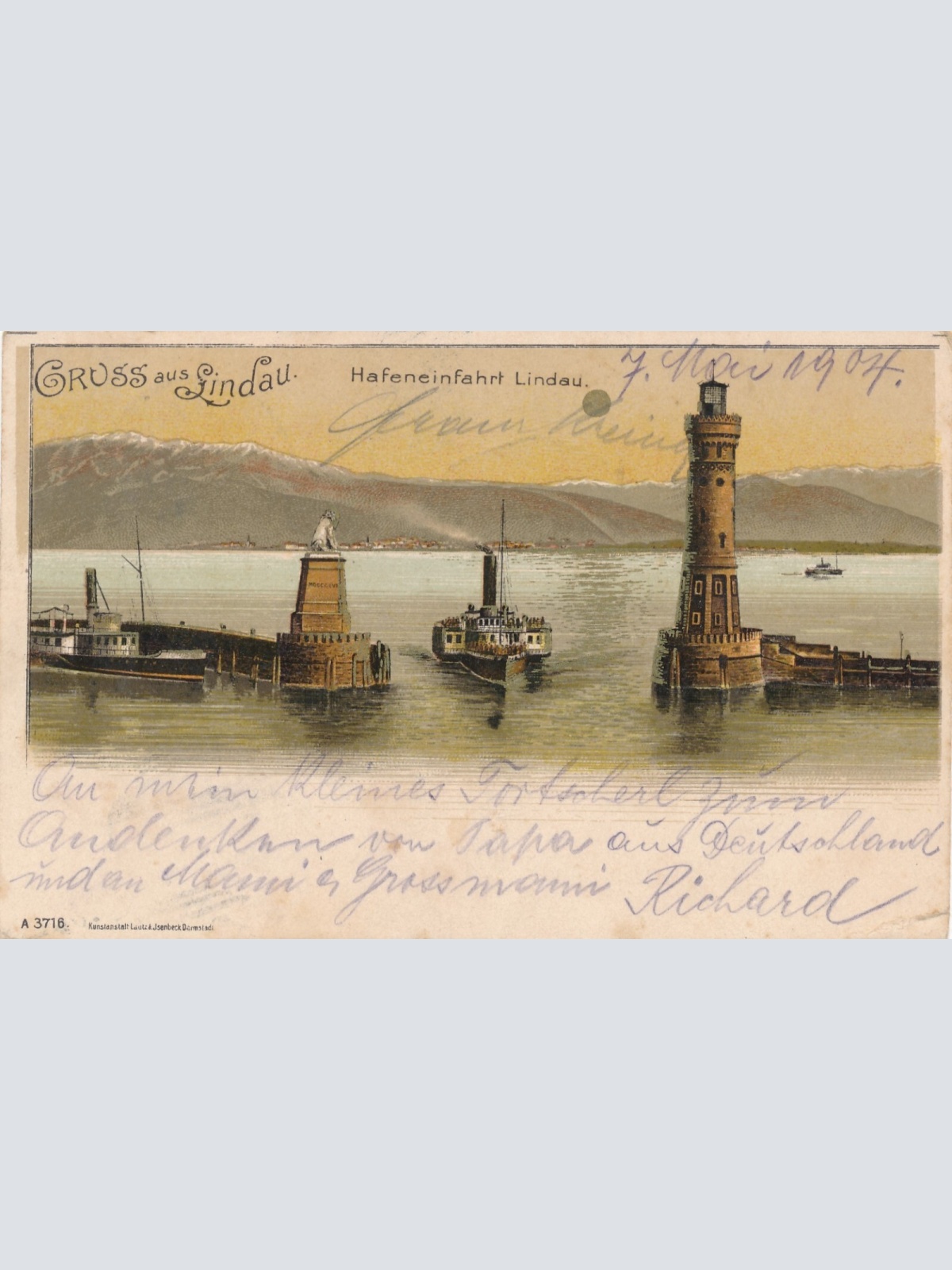 Litho - Karte gruss aus Lindau Hafeneinfahrt Bayern (6608)