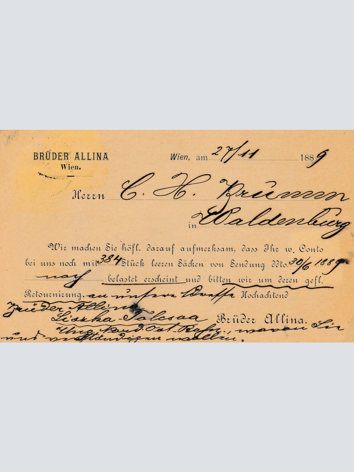 Geschäfts - Postkarte 1889 aus Leopoldstadt Brüder Allina (8537)