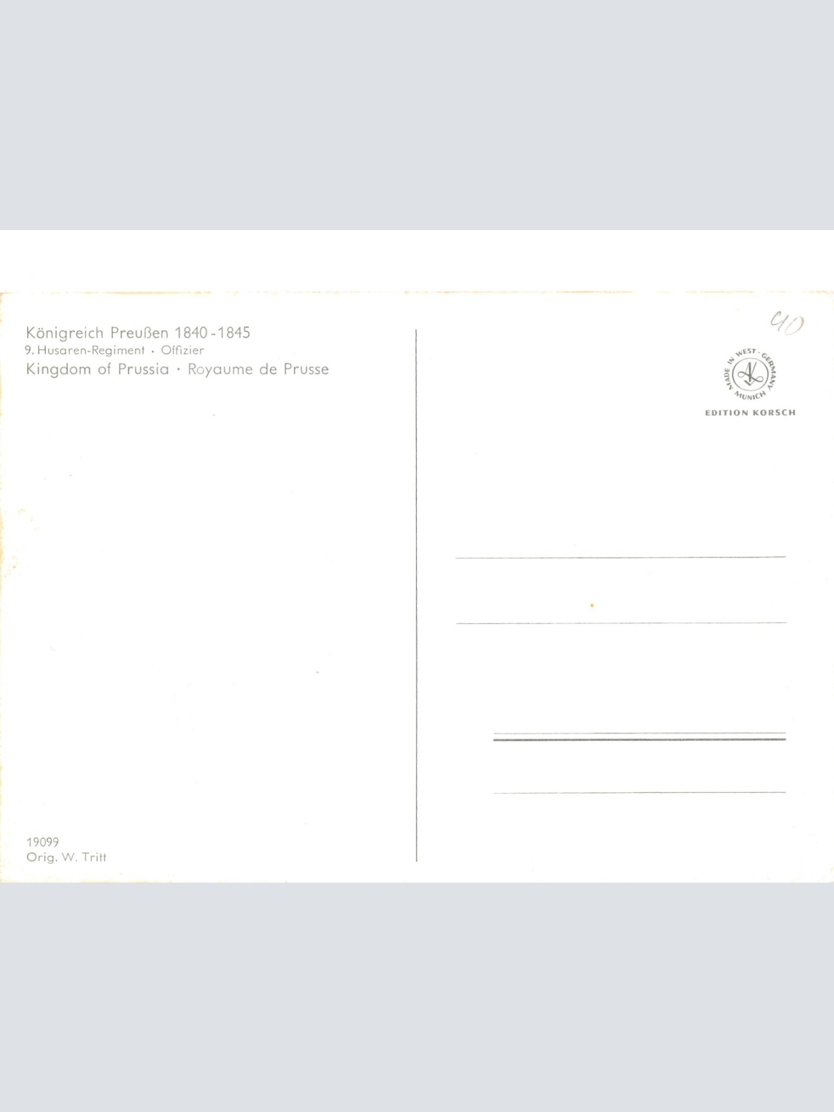AK Uniform vom Kaiserreich Preußen 1840 Husaren Offizier Ansichtskarte (8691)