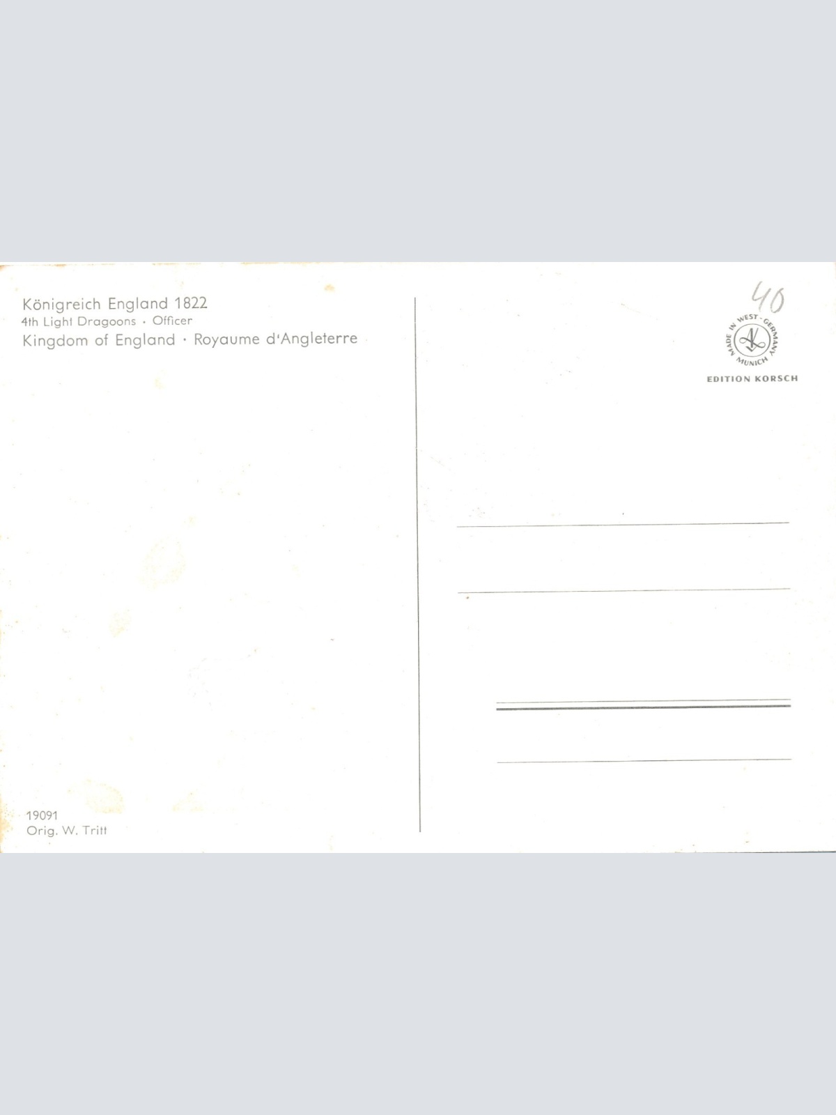 AK Uniform Königreich England 1822 Dragoons Offizier Ansichtskarte (8703)