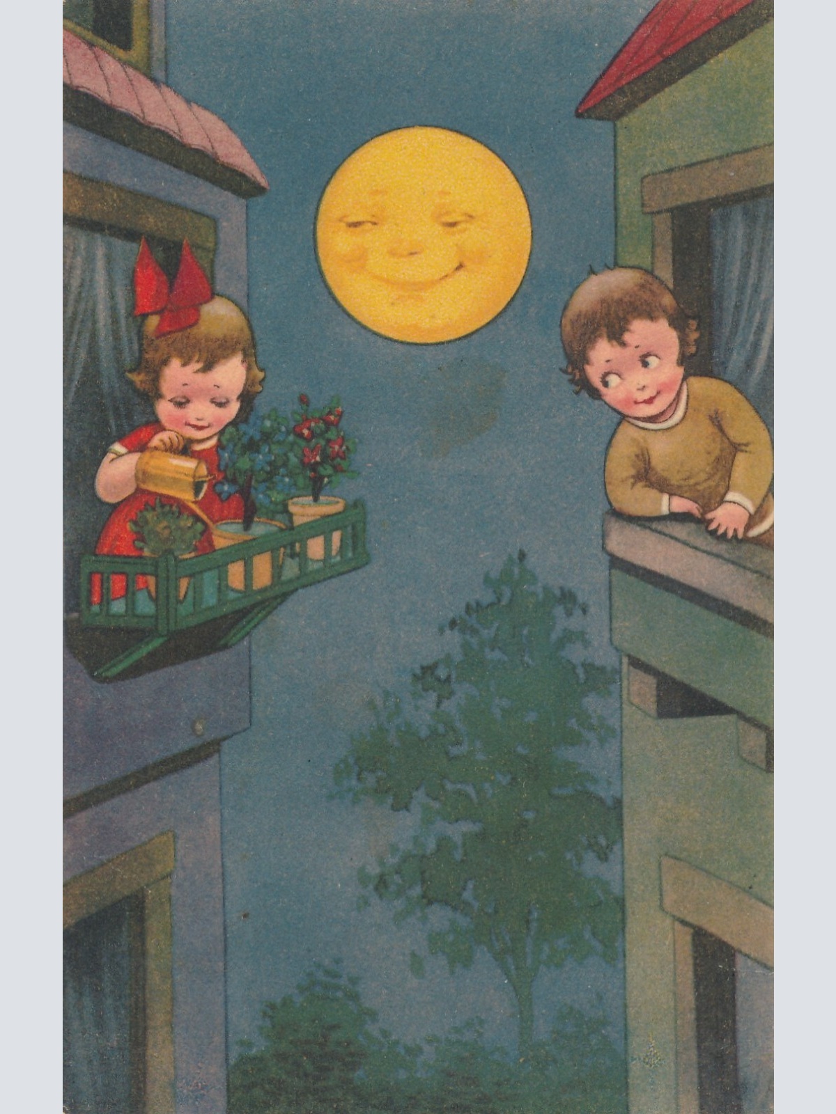 Motiv - Karte zwei Kinder bei Mondlicht  Ansichtskarte (8938)