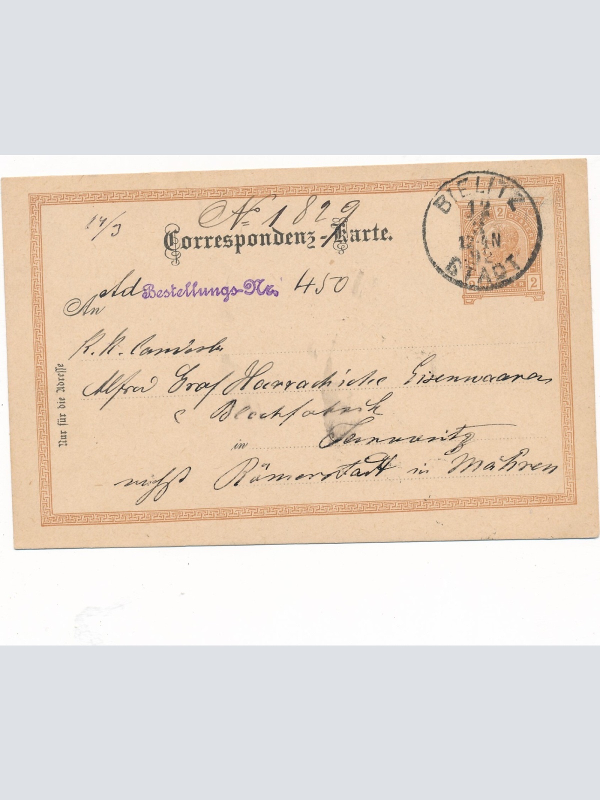 2 Kreuzer Ganzsachen - Karte 1892 aus Bielitz Stadt (8394)