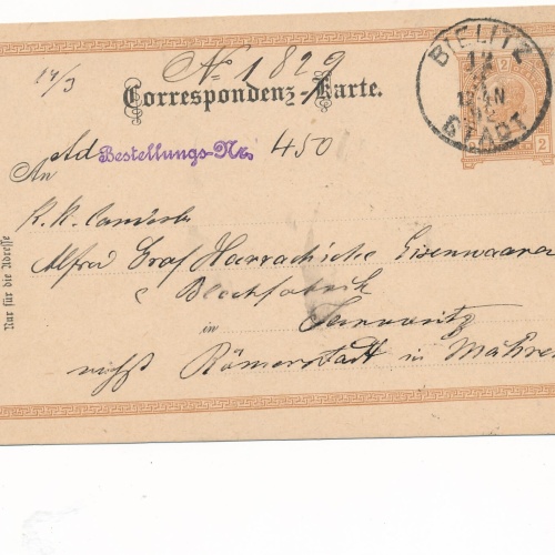 2 Kreuzer Ganzsachen - Karte 1892 aus Bielitz Stadt (8394)