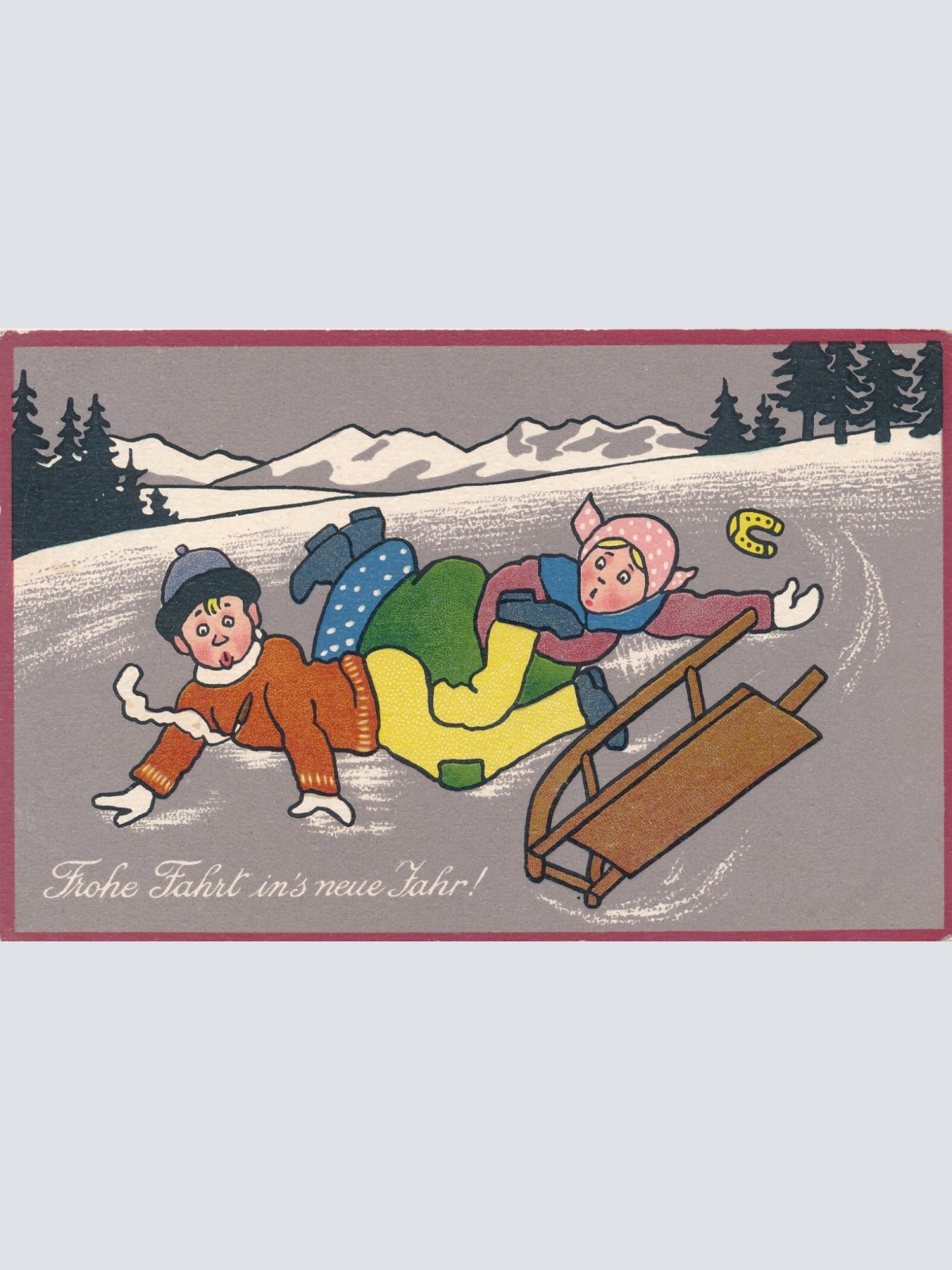 AK Frohe Fahrt ins neue Jahr Mädchen und Junge stürtzen (7202)
