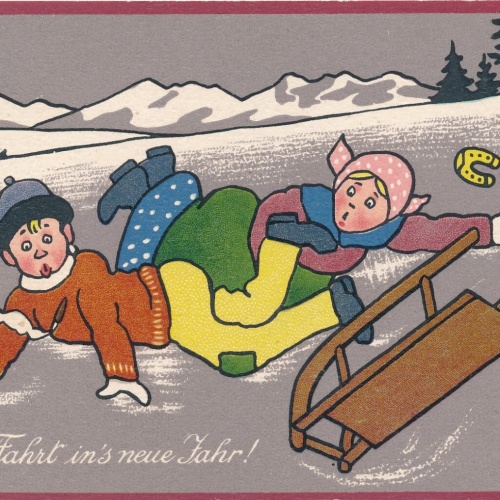 AK Frohe Fahrt ins neue Jahr Mädchen und Junge stürtzen (7202)