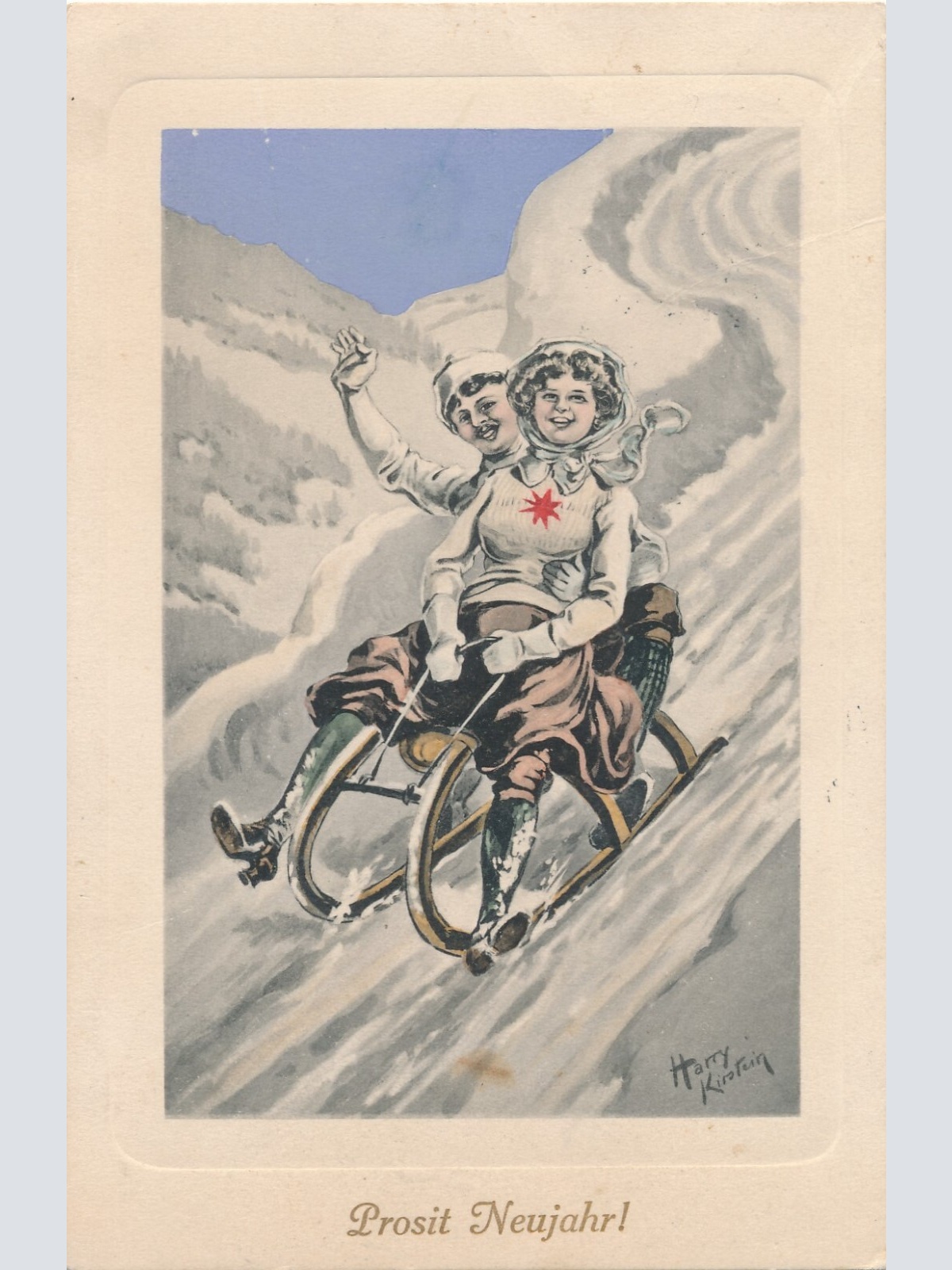 AK Prosit Neujahr zwei Frauen am Schlitten (7199)