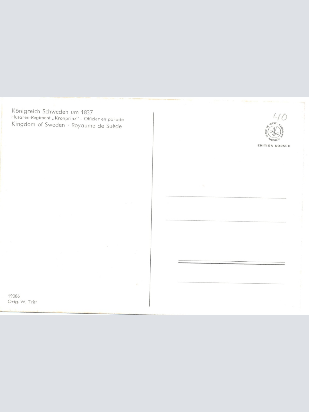 AK Uniform Kaiserr. Schweden 1837 Husaren reg. Offizier Ansichtskarte (8729)