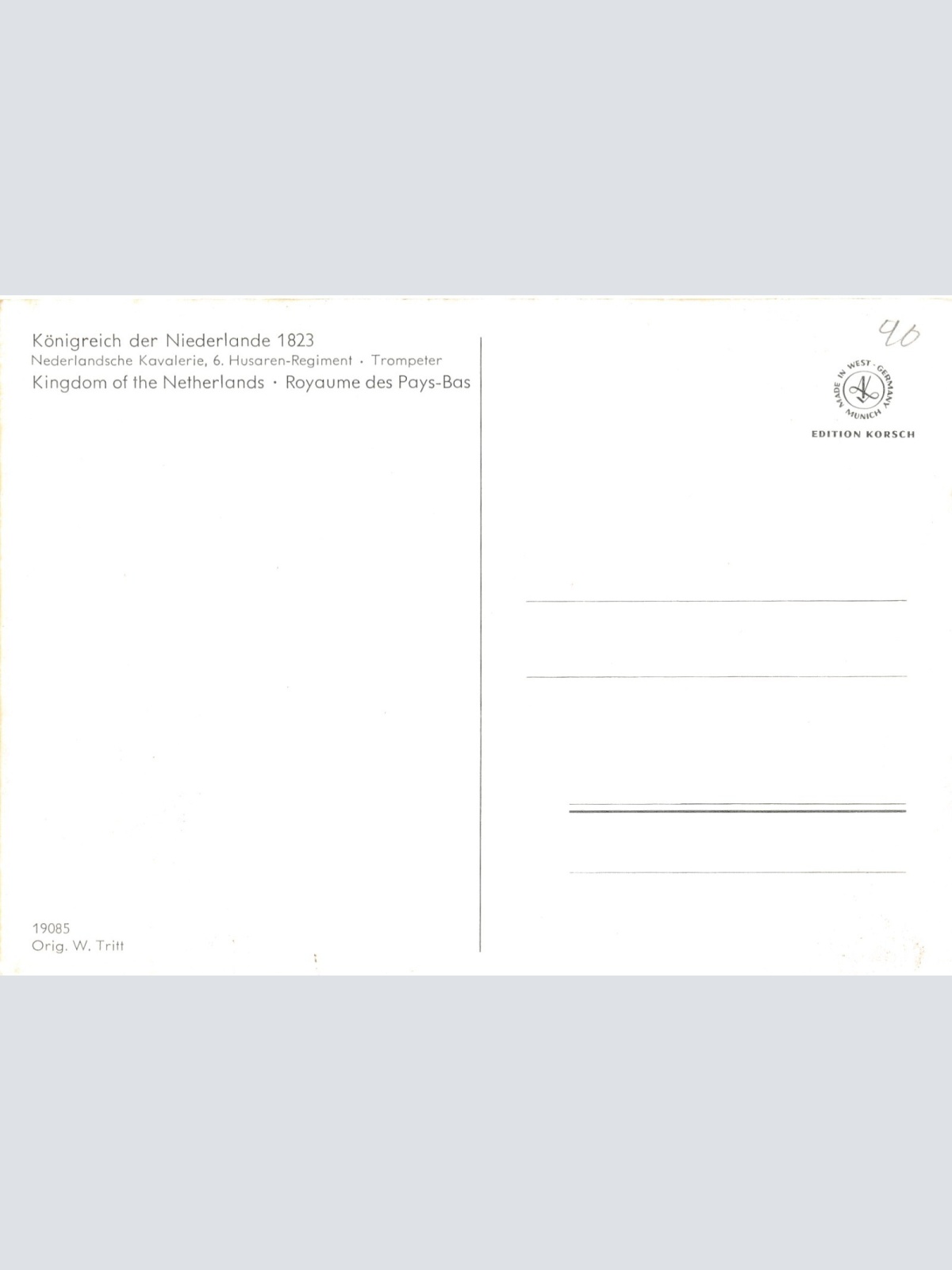 AK Uniform Königreich Niederlande 1823 Kavalerie Trompeter Ansichtskarte (8746)