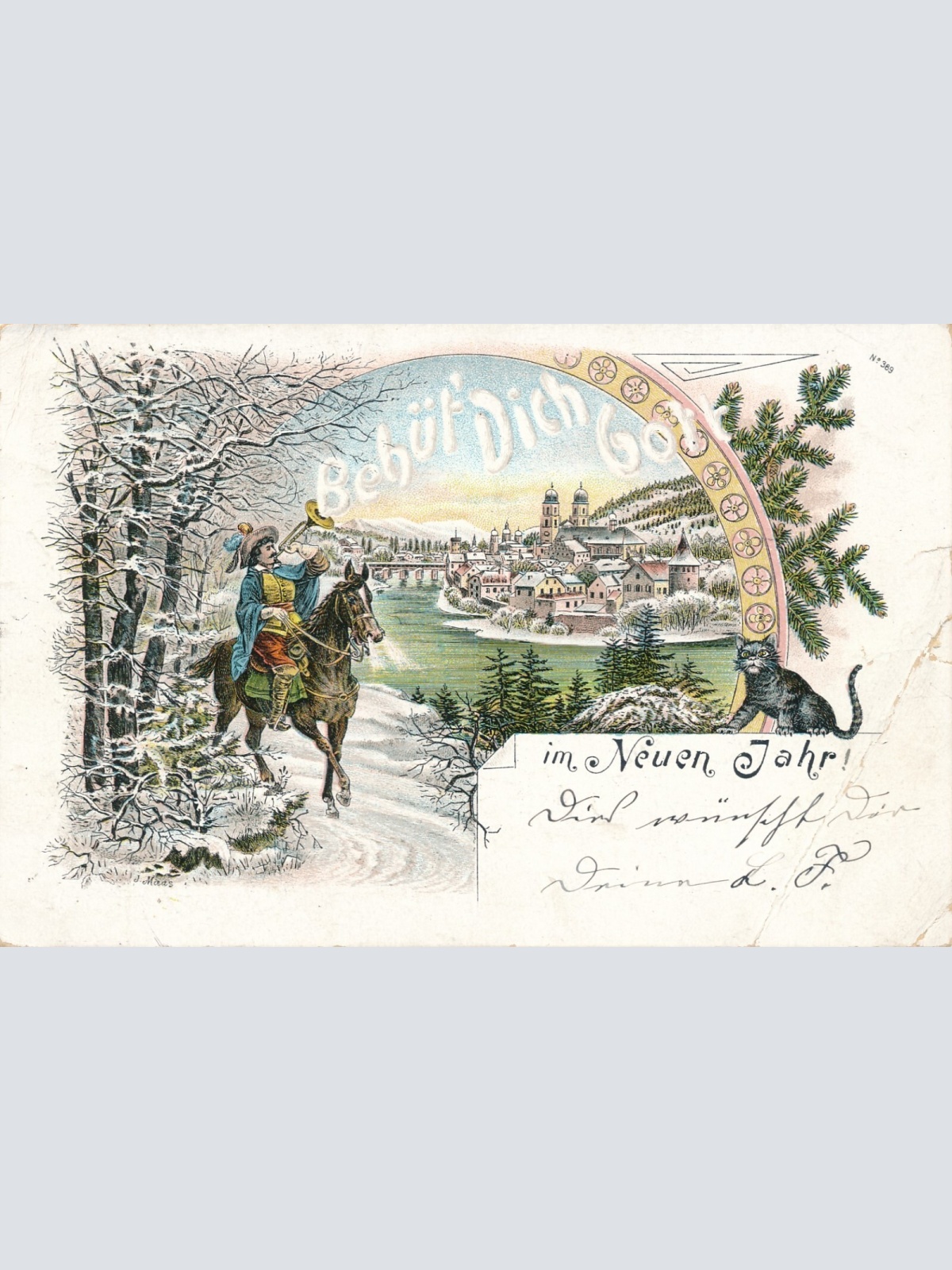 Litho - Motiv - Karte Behüt dich Gott im neuen Jahr Mann auf Pferd (9121)