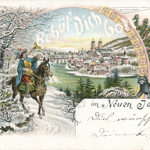 Litho - Motiv - Karte Behüt dich Gott im neuen Jahr Mann auf Pferd (9121)