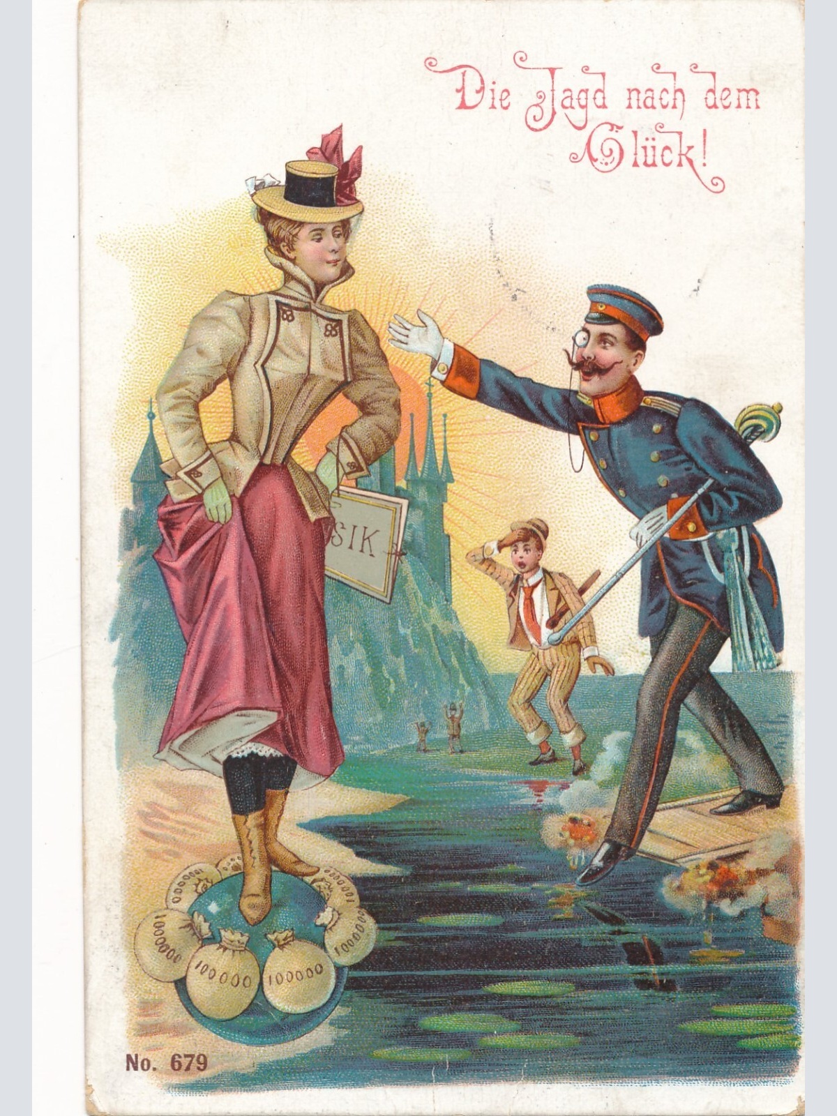 Litho - Motiv - Karte die Jagt nach dem Glück Soldat mit Frau (9122)