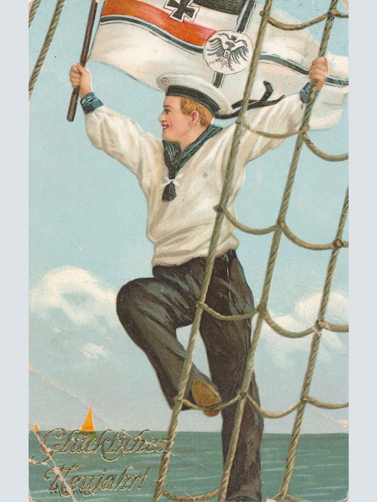 AK Glückliches Neujahr Matrose schwingt Fahne (9139)