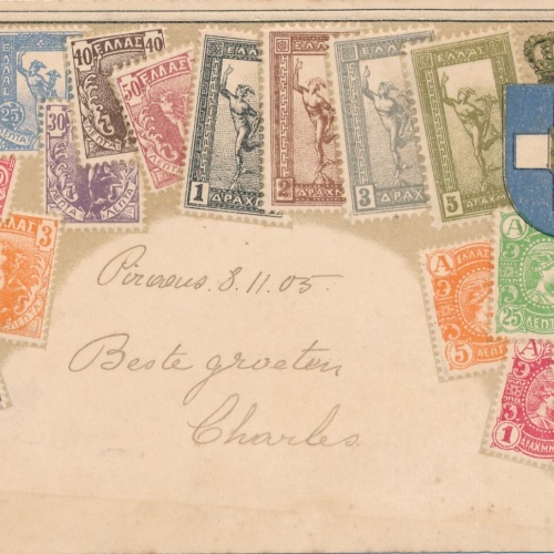 Präge - Litho - Briefmarkenkarte Griechenland mit Wappen Ansichtskarte (9050)