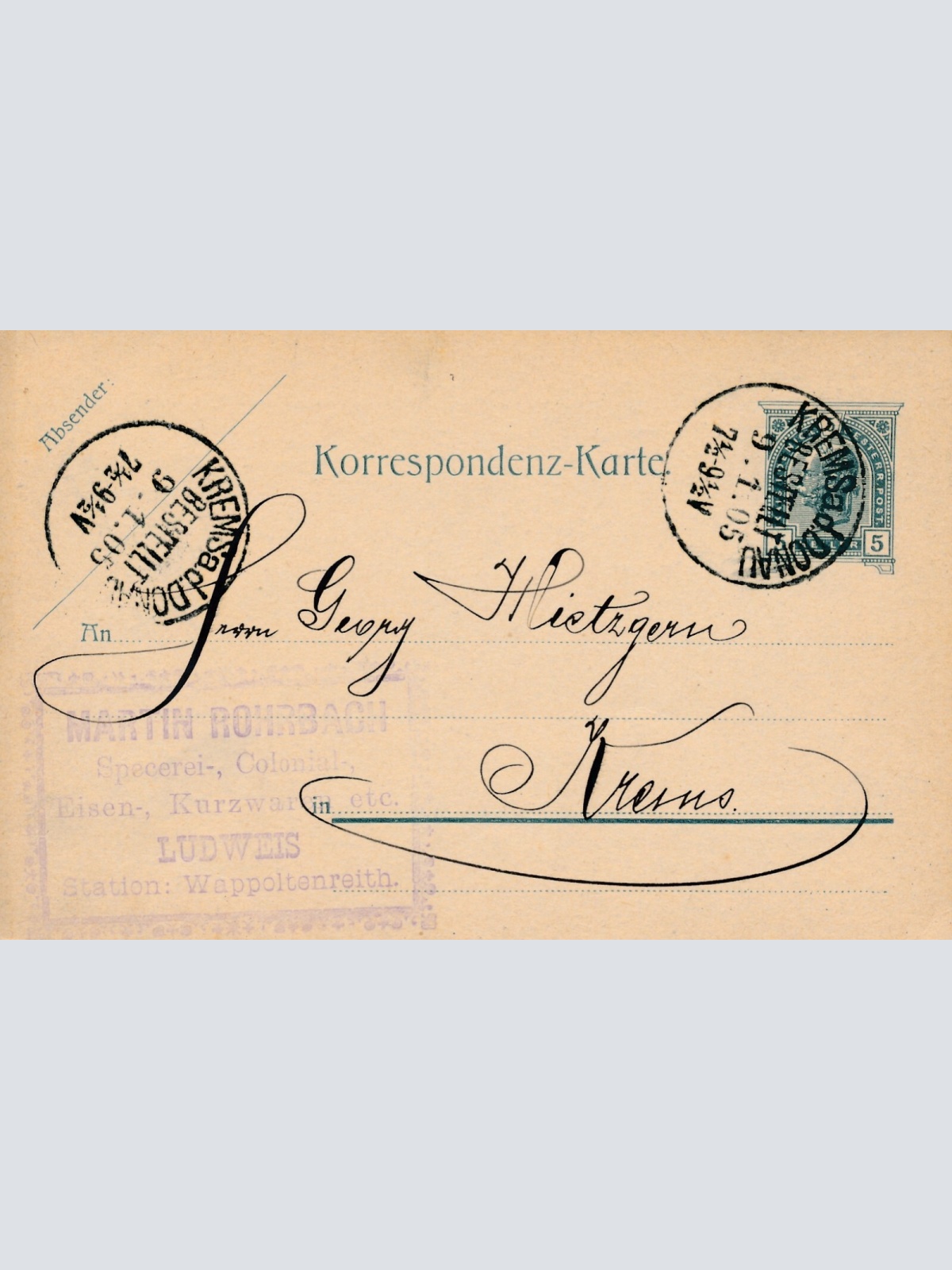 5 Heller Ganzsachen - Karte 1905 aus Krems an der Donau (9979)