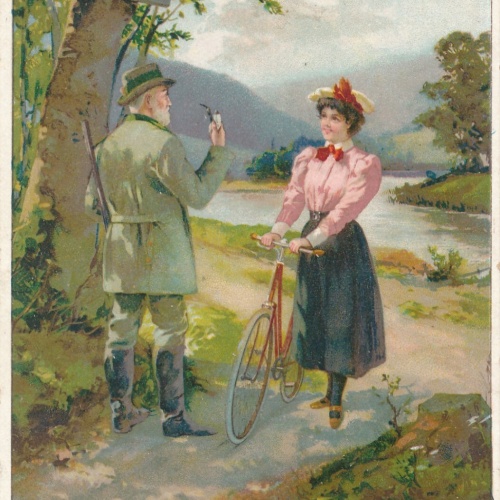 Motiv - Karte Frau mit Fahrrad - Radfahrer verboten - Ansichtskarte (10202)