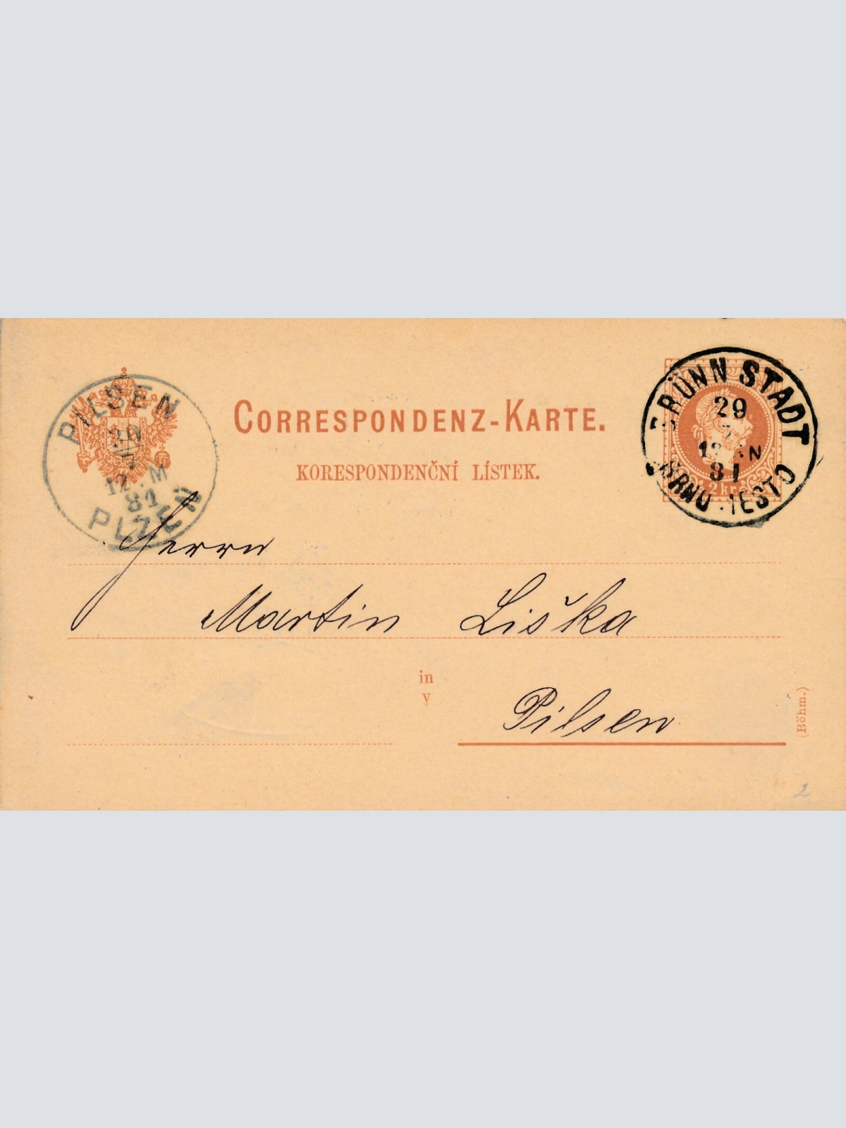 2 Kreuzer - Ganzsachen - Karte 1881 aus Brünn Stadt (10053)