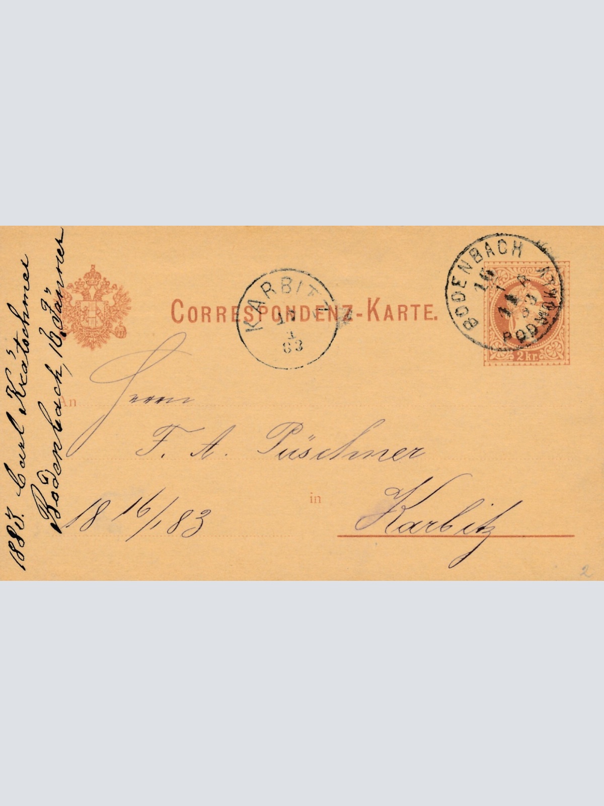 2 Kreuzer - Ganzsachen - Karte 1883 aus Bodenbach (10054)