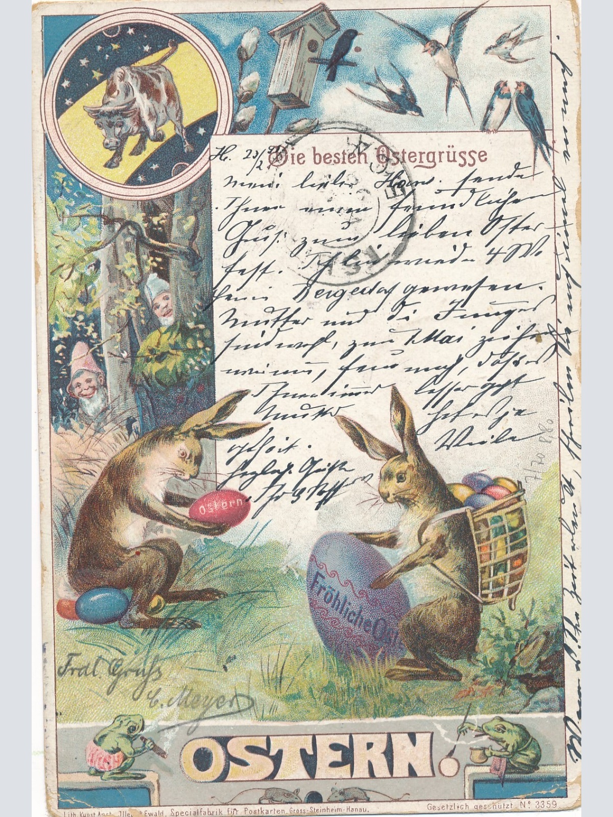 Litho - Karte Fröhliche Ostern mit Hasen Ansichtskarte (8636)