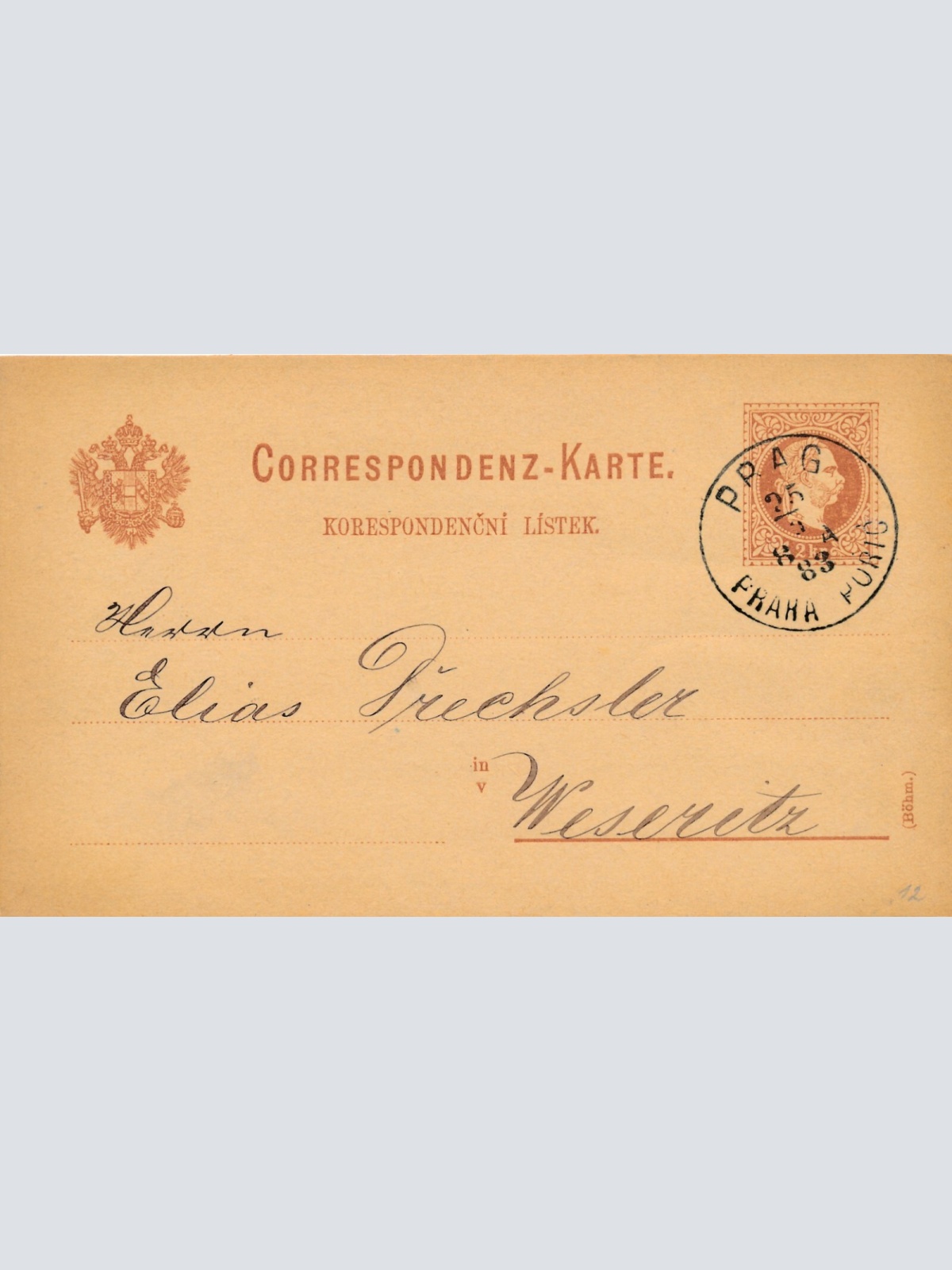 2 Kreuzer - Ganzsachen - Karte 1883 aus Praha Prag Poric (10141)