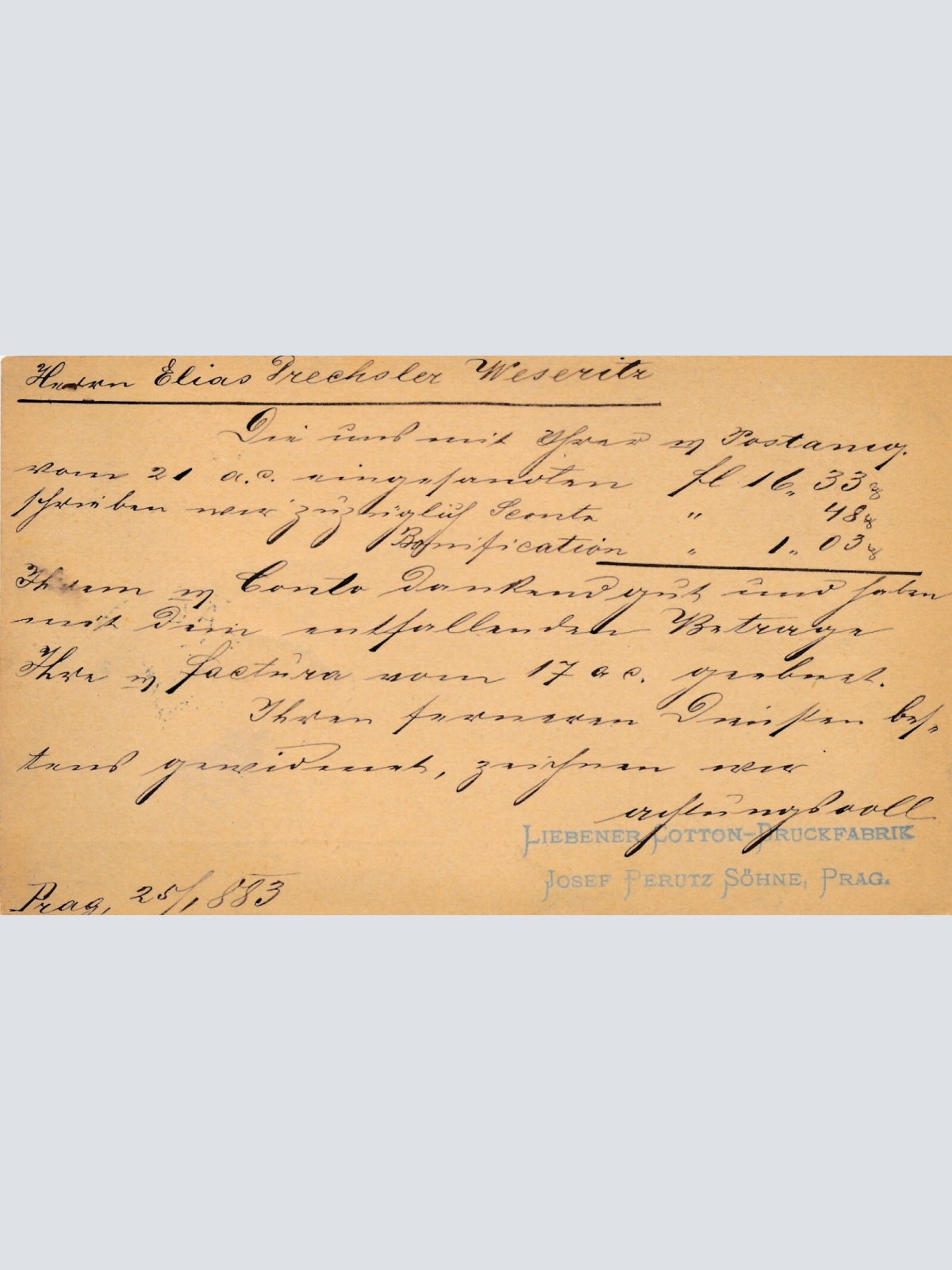 2 Kreuzer - Ganzsachen - Karte 1883 aus Praha Prag Poric (10141)