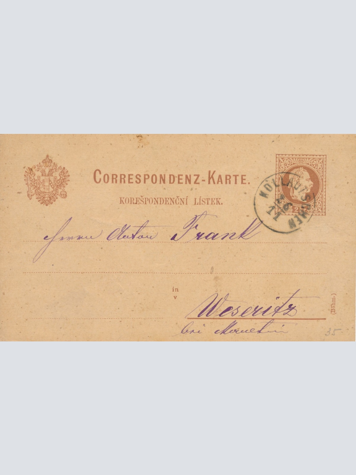 2 Kreuzer - Ganzsachen - Karte 1877 aus Köllautschen (10173)