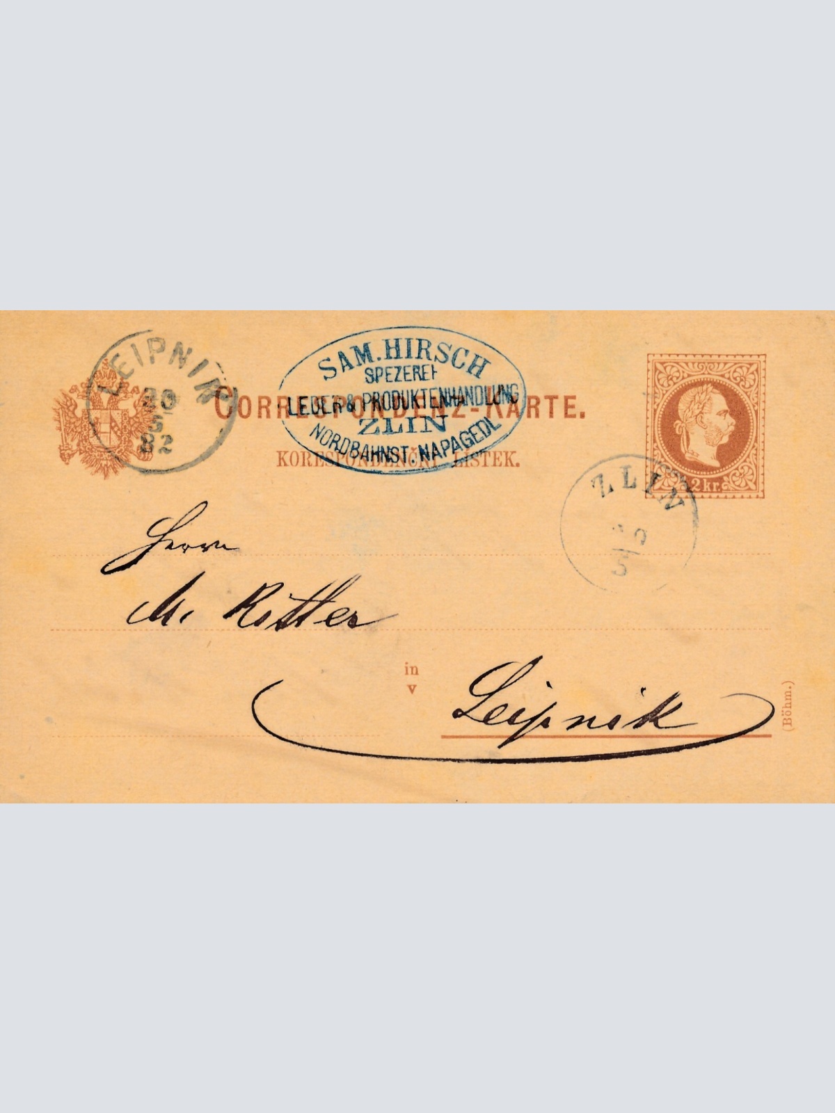 2 Kreuzer - Ganzsachen - Karte 1882 aus Zlinn (10095)