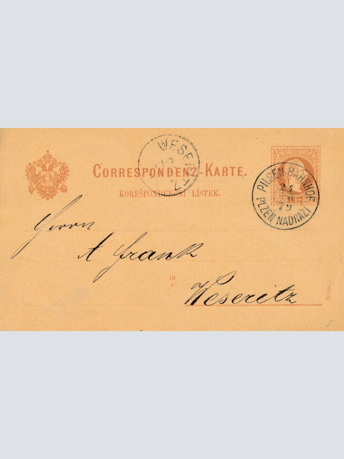 2 Kreuzer - Ganzsachen - Karte 1879 aus Pilsen Bahnhof (10079)