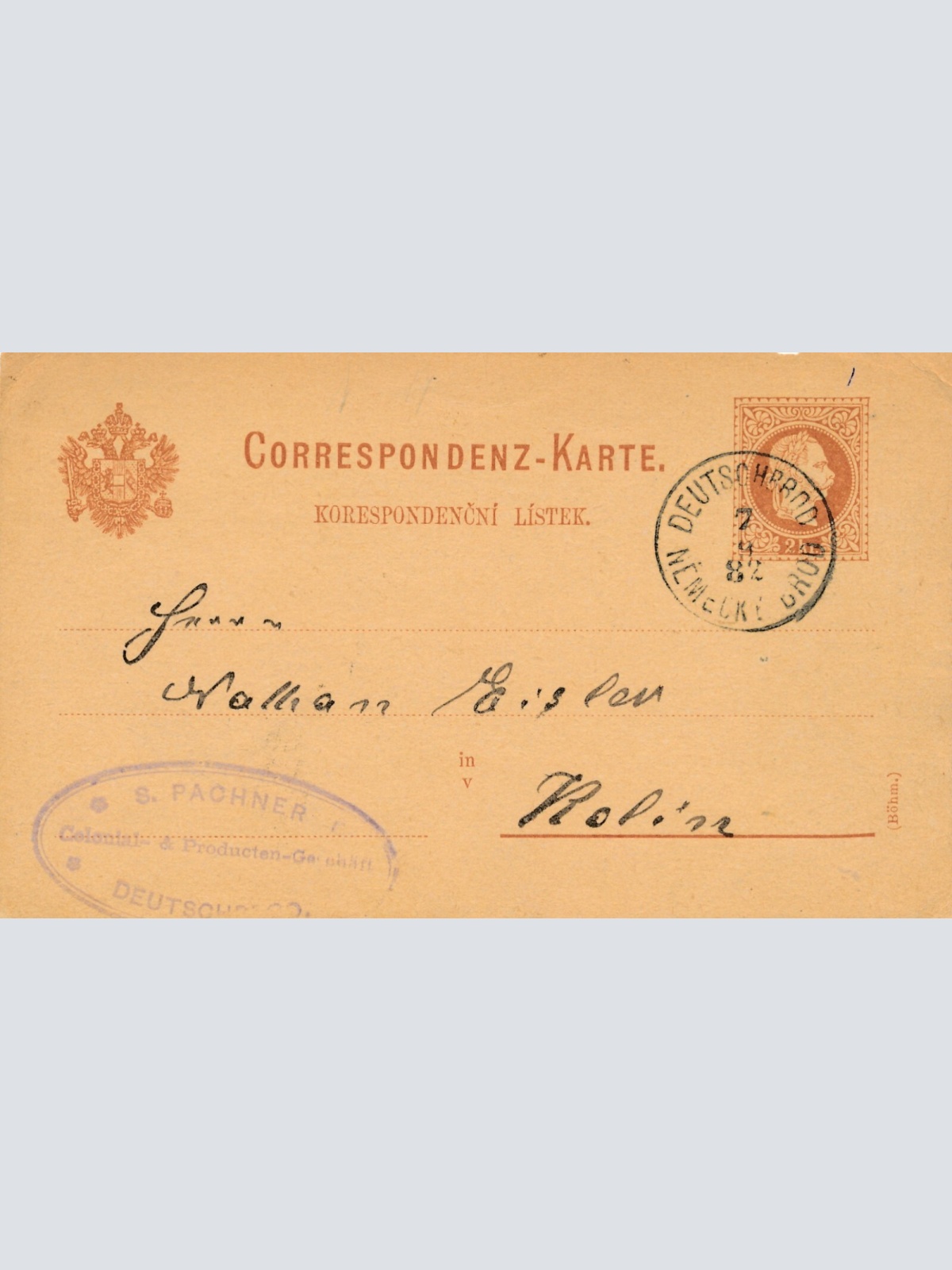 2 Kreuzer Ganzsachen - Karte (Böhm) 1882 aus Deutschbrod (10532)