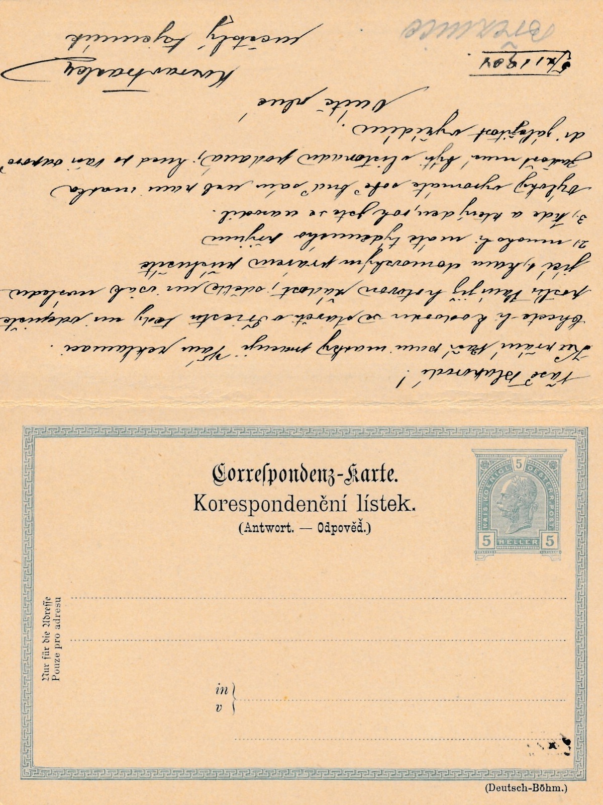 5 Heller Ganzsachen - Karte 1904 (Deutsch-Böhm) aus Breznice + AntwortK. (10559)