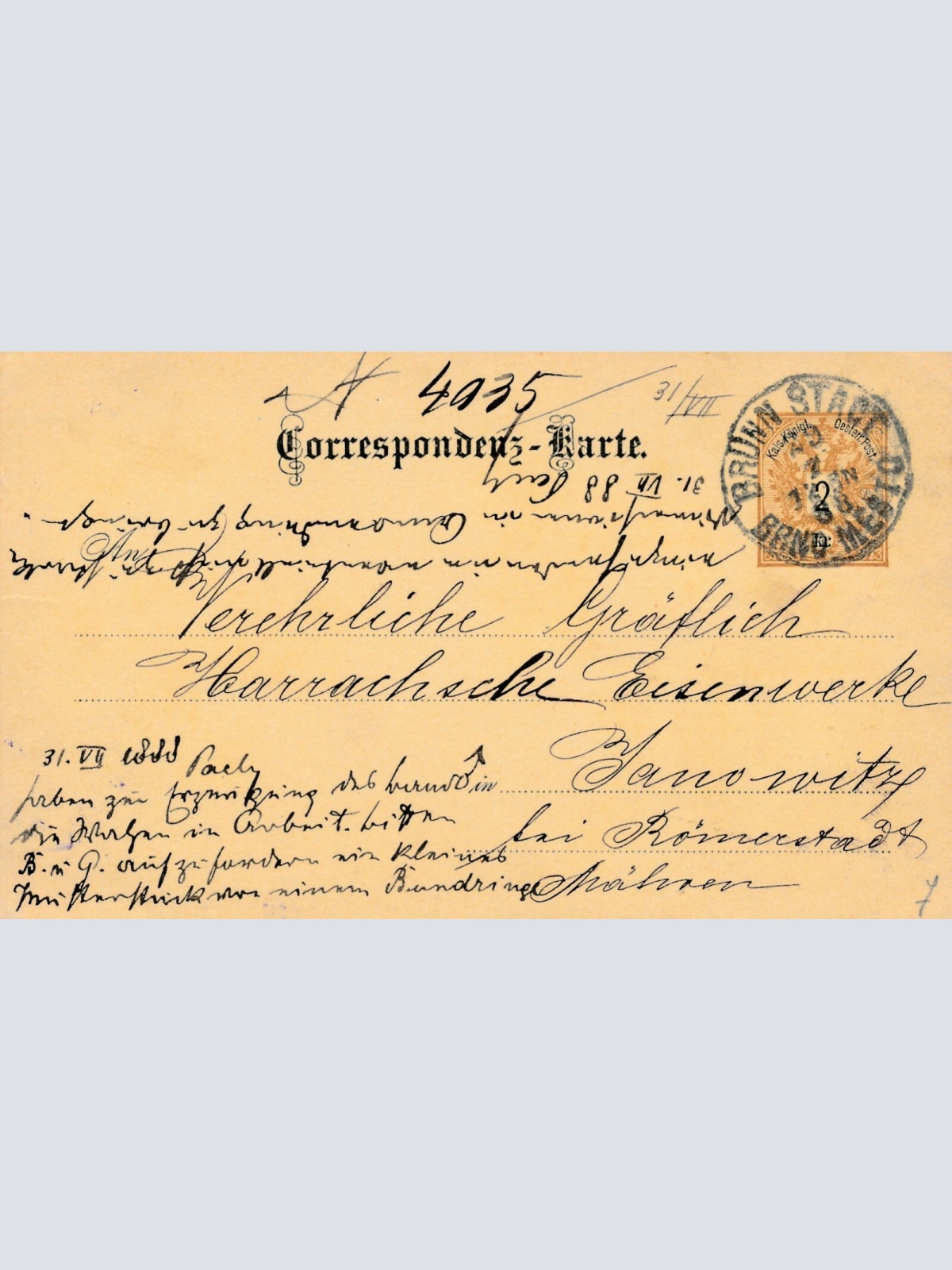 2 Kreuzer - Ganzsachen - Karte 1888 aus Brünn Stadt (10703)