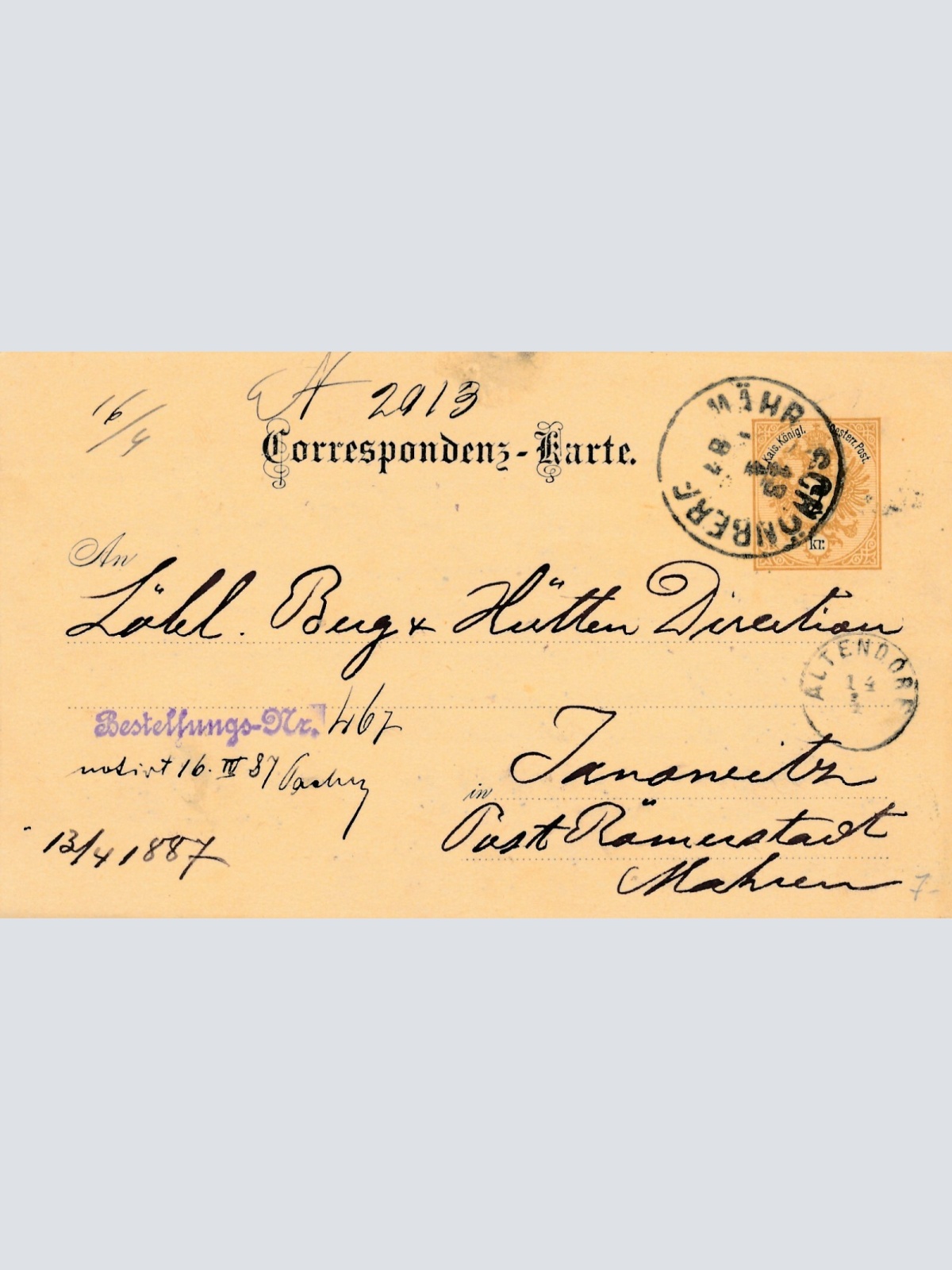 2 Kreuzer - Ganzsachen - Karte 1887 aus Mähr Schönberg (10699)