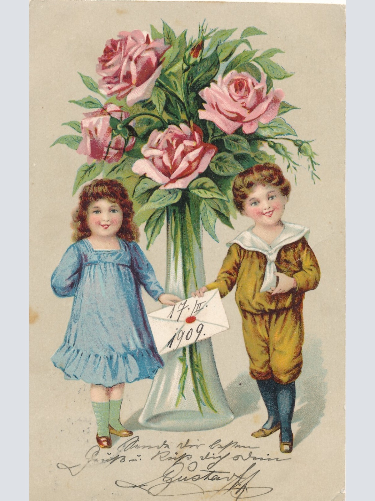 Motiv - Karte Mädchen und Junge mit Brief vor Riesen Blumen (10761)