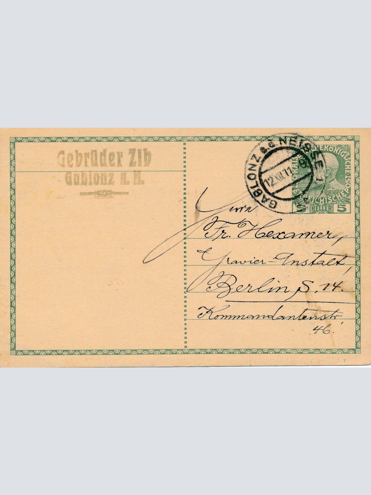 5 Heller - Ganzsachen - Karte 1911 aus Gablonz  (10656)