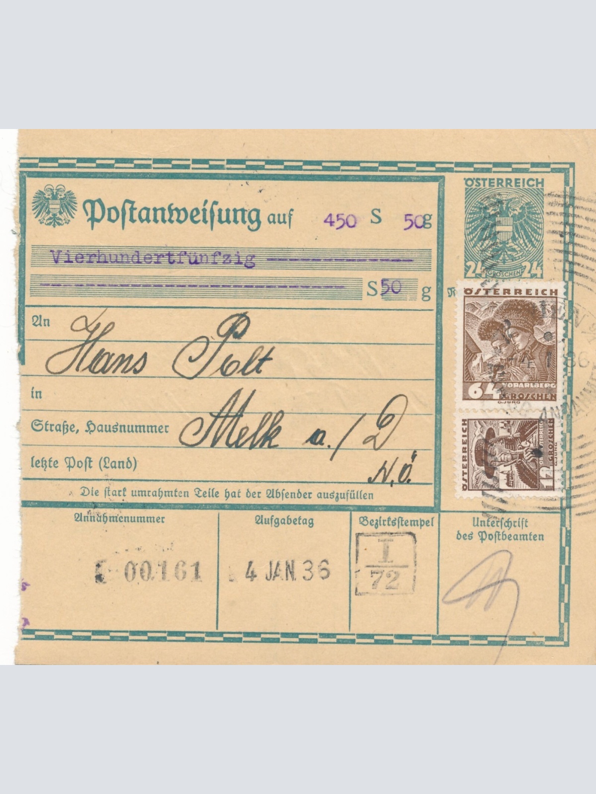 24 Gr. Postanweisung 1936 aus Wien nach Melk + Trachten Marken (10436)