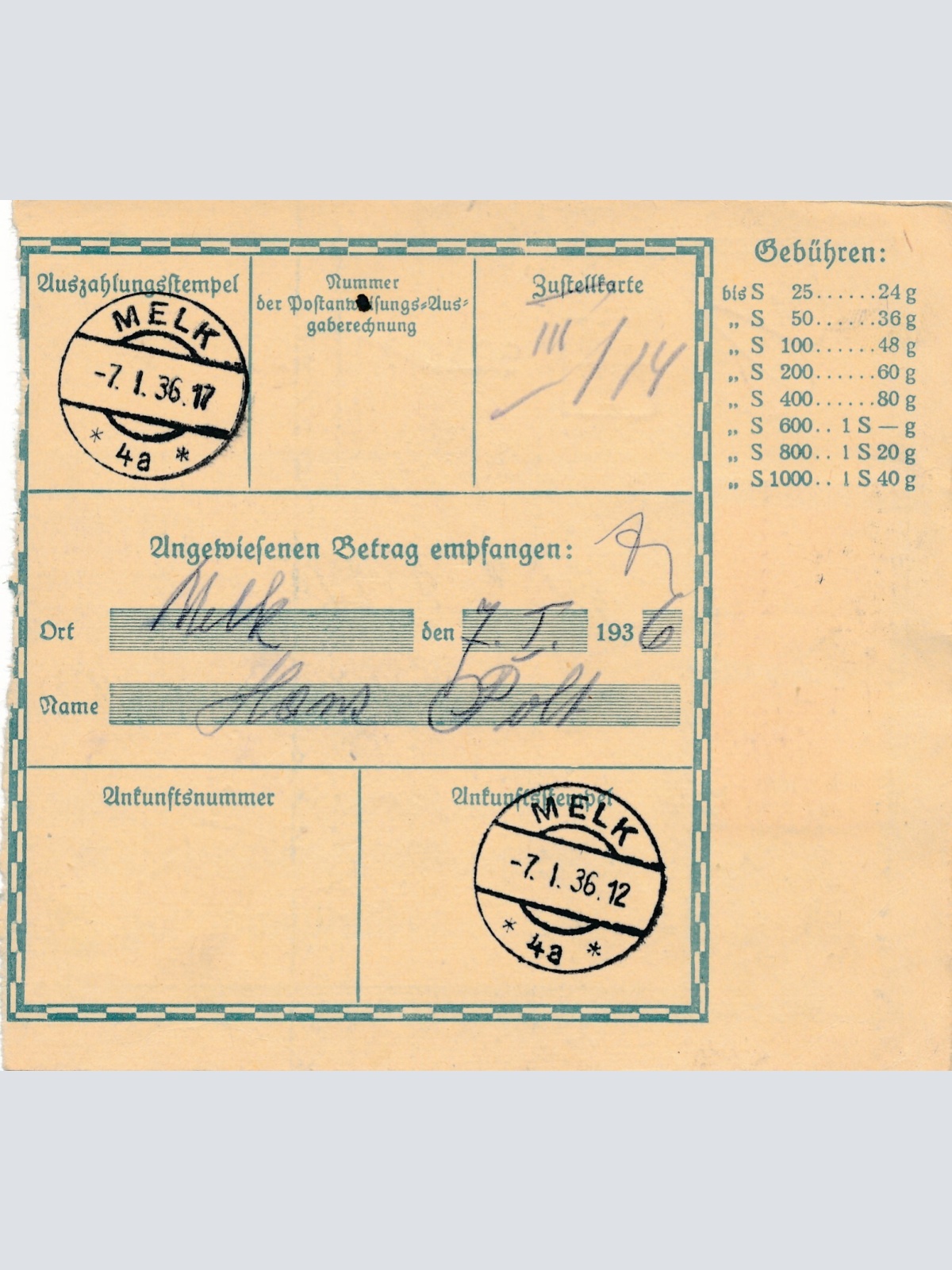 24 Gr. Postanweisung 1936 aus Wien nach Melk + Trachten Marken (10436)