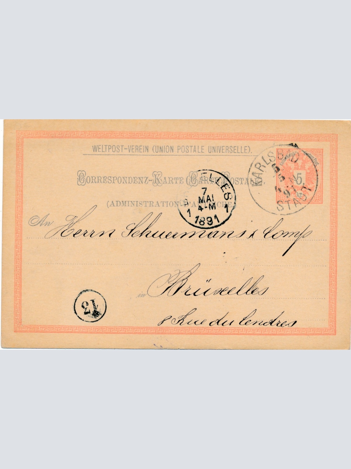 5 Kr. Ganzsachen - Karte 1891 aus Karlsbad Stadt (10511)