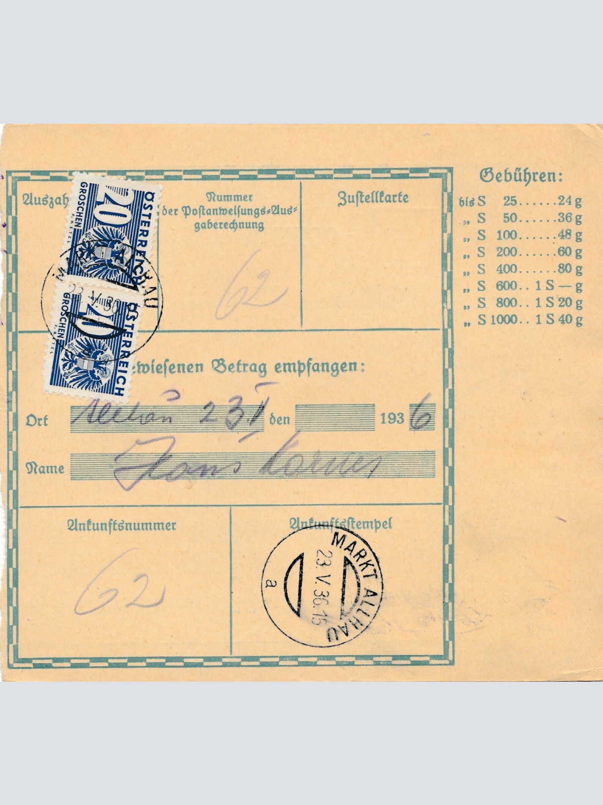 24 Gr. Postanweisung 1936 aus Wien nach Markt Allhau + Trachten Marken (10422)