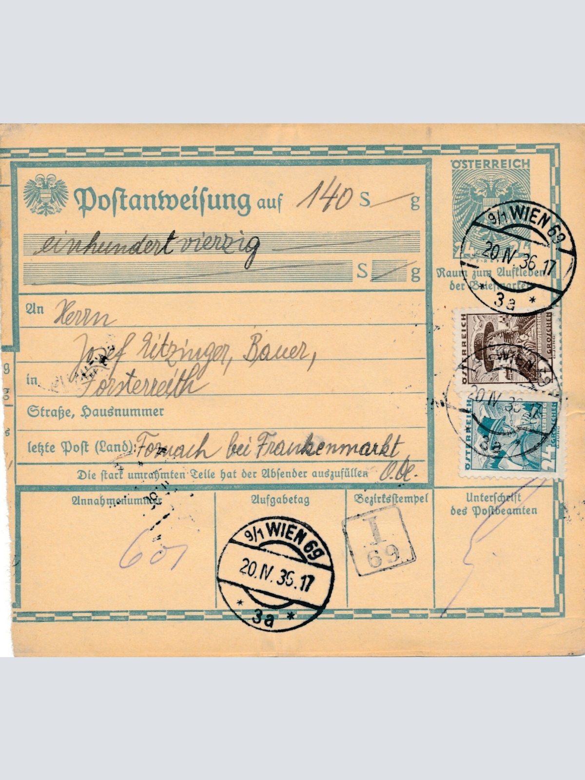 24 Gr. Postanweisung 1936 aus Wien nach Fornach + Trachten Marken (10423)