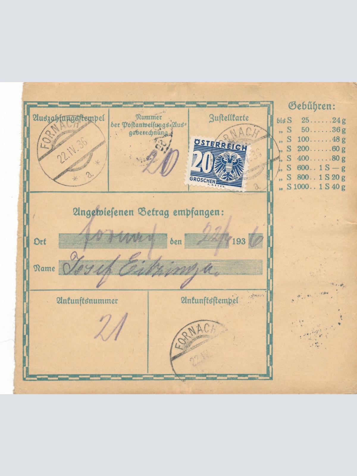 24 Gr. Postanweisung 1936 aus Wien nach Fornach + Trachten Marken (10423)