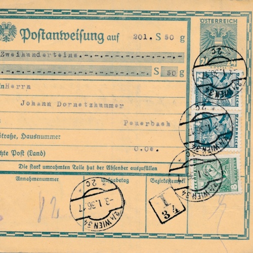 24 Gr. Postanweisung 1936 aus Wien nach Peuerbach + Trachten Marken (10430)
