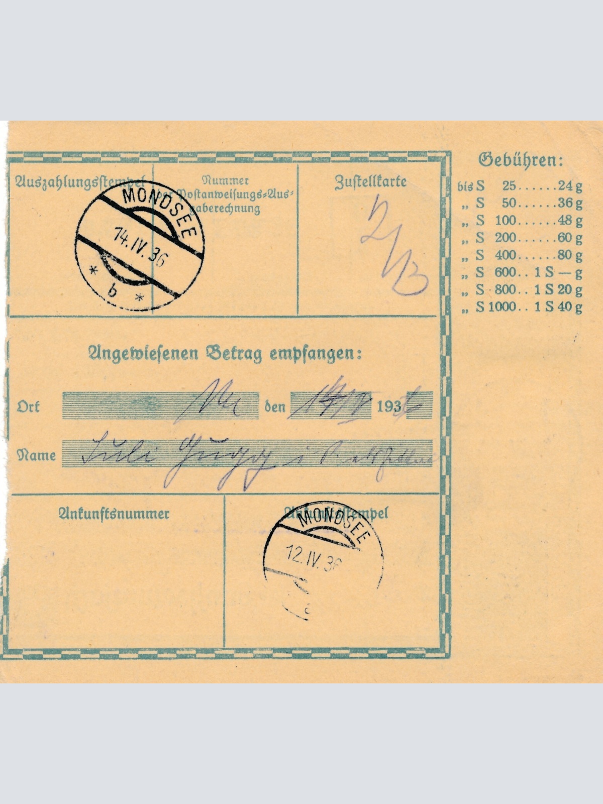 24 Gr. Postanweisung 1936 aus Wien nach Mondsee + Trachten Marken (10431)