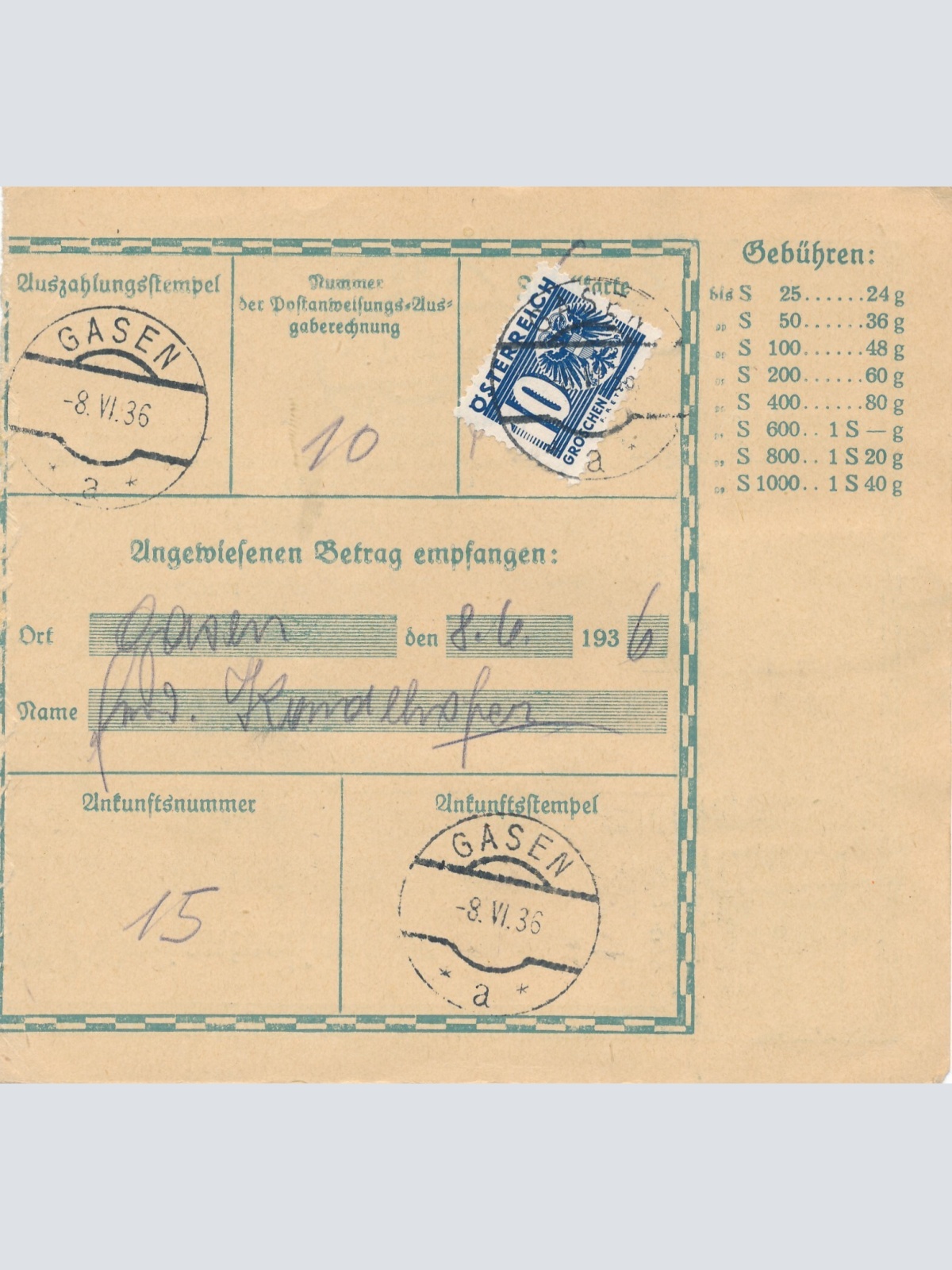 24 Gr. Postanweisung 1936 aus Wien nach Gasen + Trachten Marken (10413)